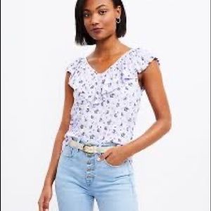 LOFT Floral Crinkle Ruffle Double V Top